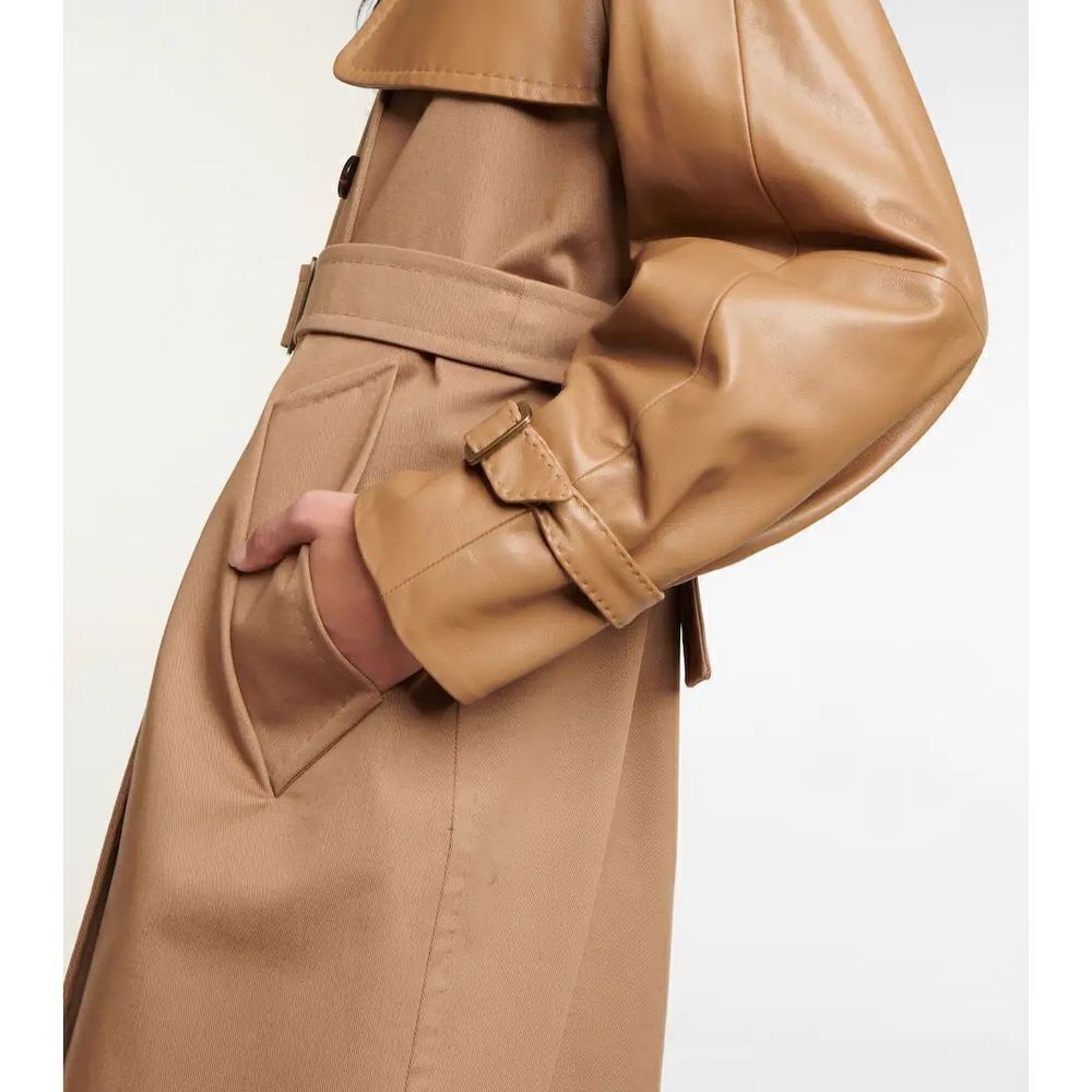 Max Mara Lichene Cotton & Leather Tan Belted Trench Coat Classic Size 8 - Picture 4 of 16